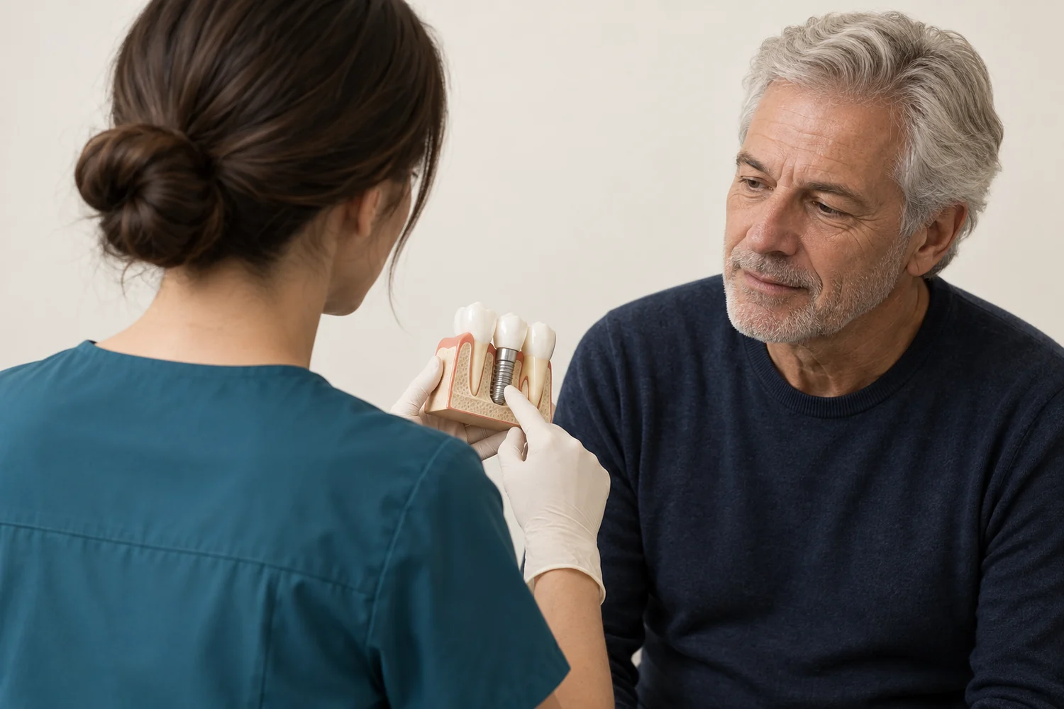Odontoiatra che illustra a un paziente le possibili soluzioni implantari