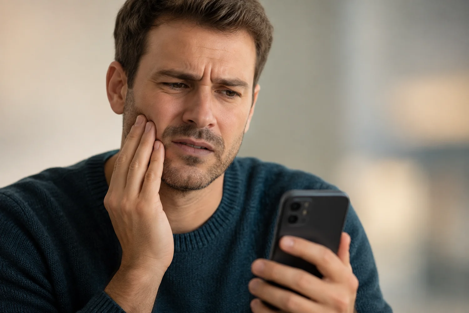 Paziente con dolore dentale che chiama la clinica