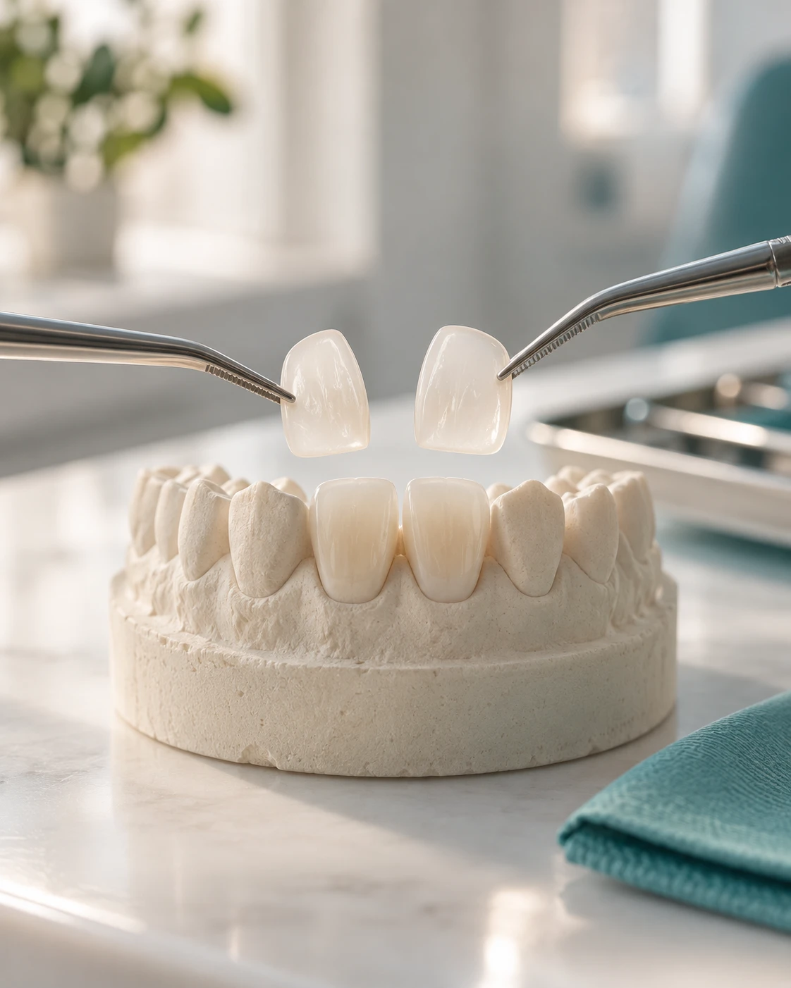 Faccette dentali in ceramica illustrate con strumenti protesici